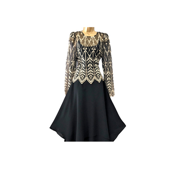 Vtg Cachet Midi Formal Black Chiffon Dress lace Gold overlay sz 9/10 whimsigoth - Picture 1 of 11